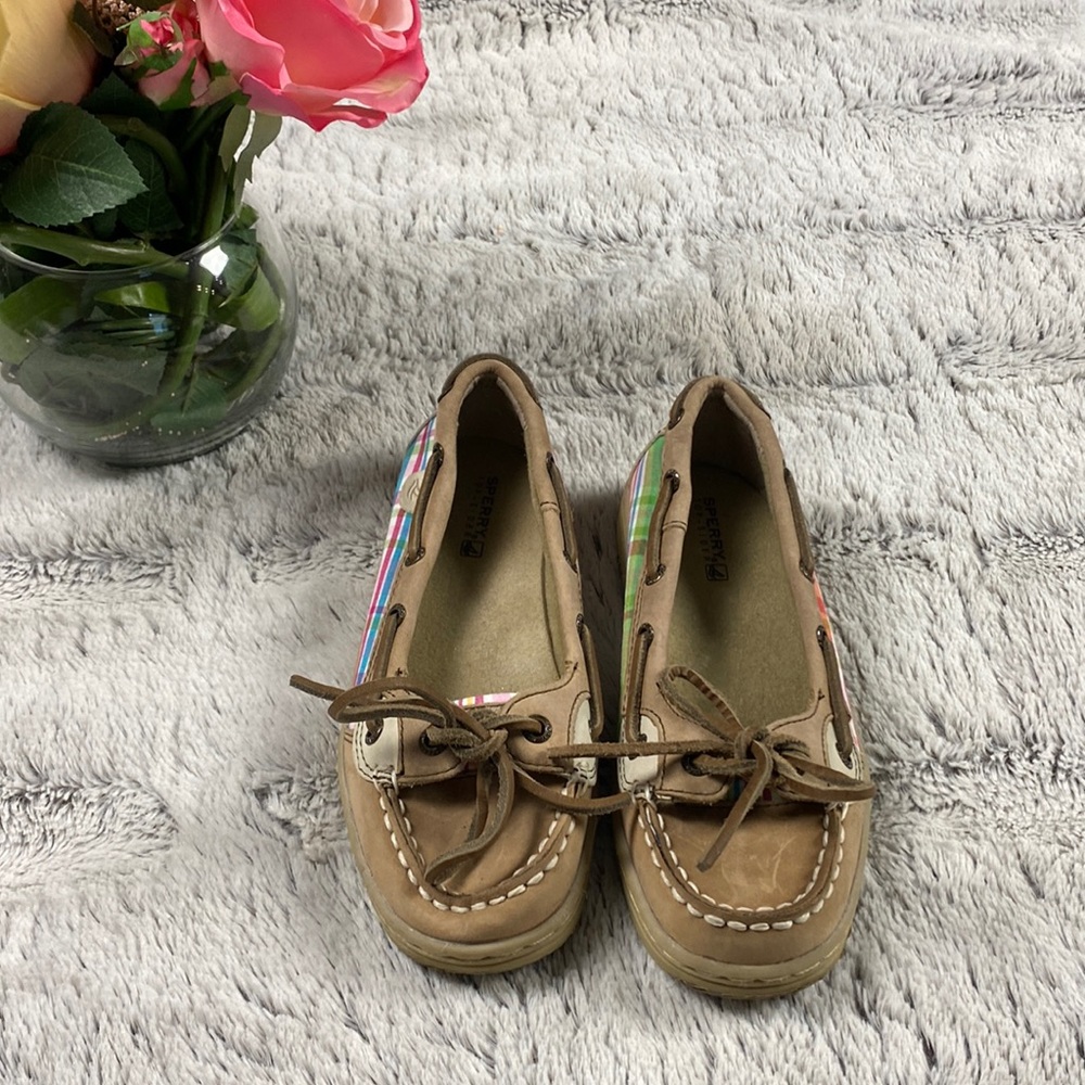 EUC Girls Sperry Top Sider Angelfish pink Plaid Boat Shoes size 1